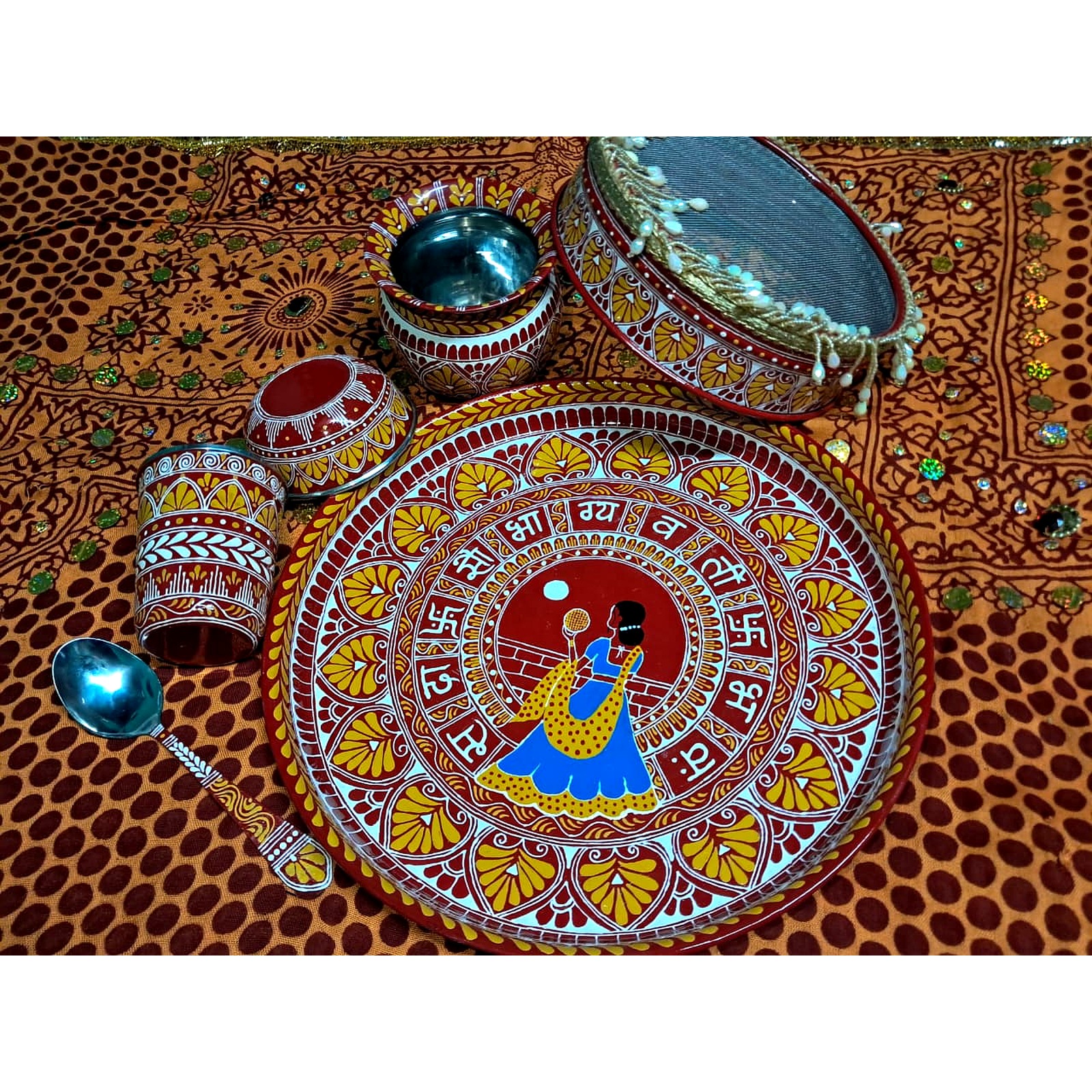 Handmade Karwa Chauth thali set with colourful traditional-inspired artwork